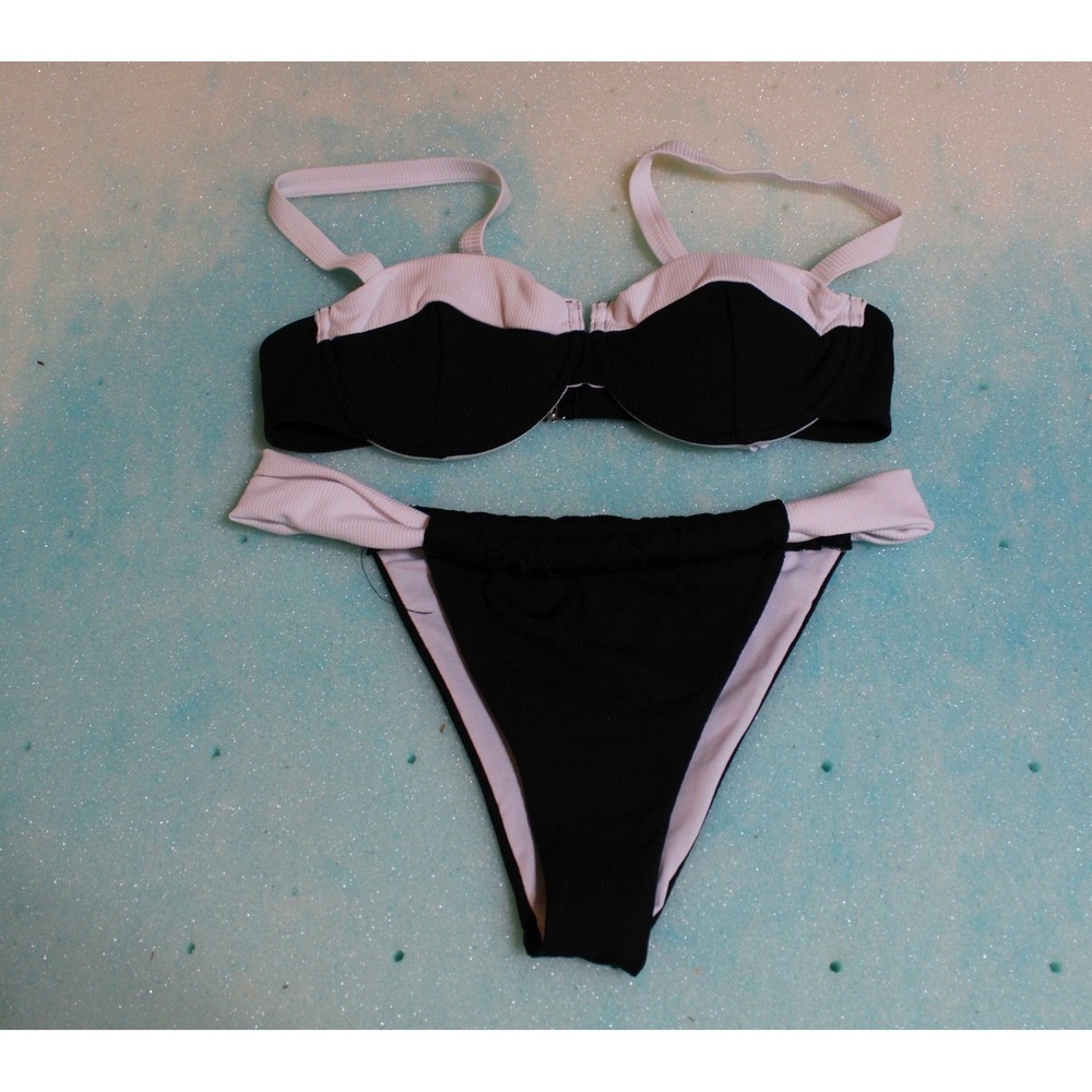 Black White Colorblock Ribbed Underwire Bikini Set Two Piece Swimsuit Medium